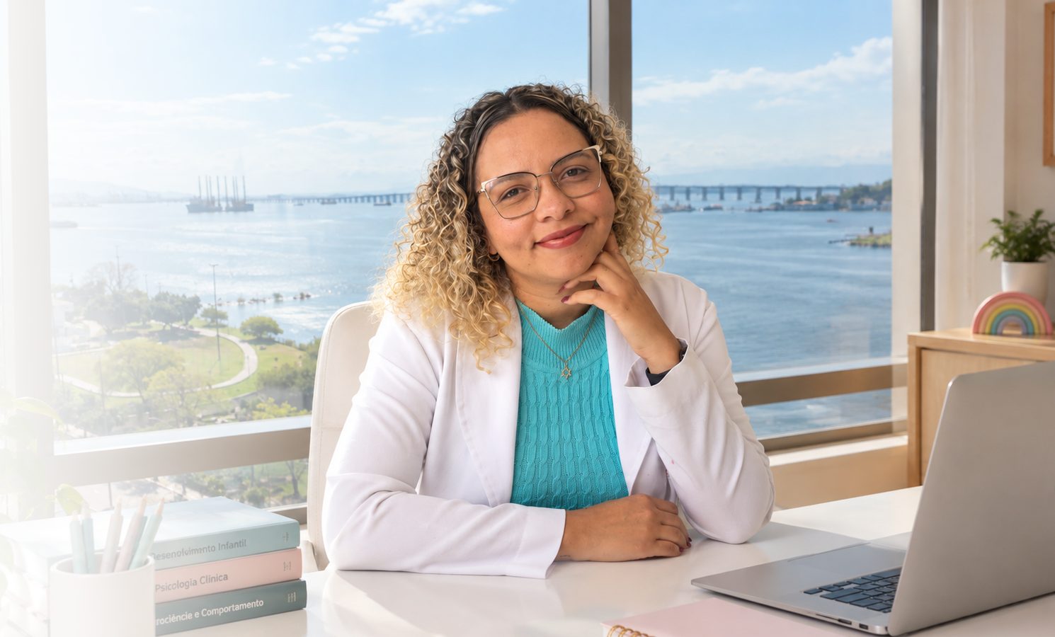 Marluci Azevedo no consultório da Psicoleve, com vista para a Baía de Guanabara e a Ponte Rio-Niterói
